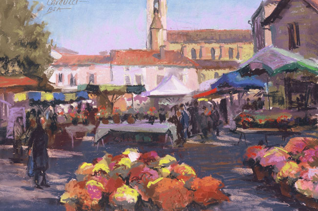 Artist Judith Carducci pastel landscape: Farmer's Market - Le Quercy ©2007