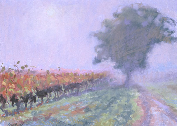 Artist Judith Carducci pastel landscape: September Grapevines in Morning Fog - Cahors ©2007