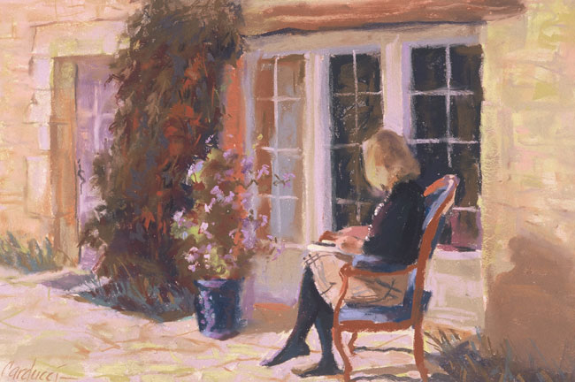 Artist Judith Carducci pastel landscape: Reading on the Terrace - Domaine du Haut Baran ©2007