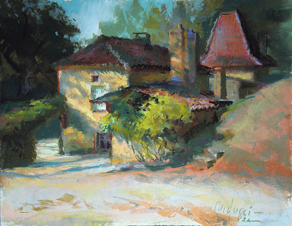 Artist Judith Carducci pastel landscape: Domaine du Haut Baran from the back - Le Quercy ©2009