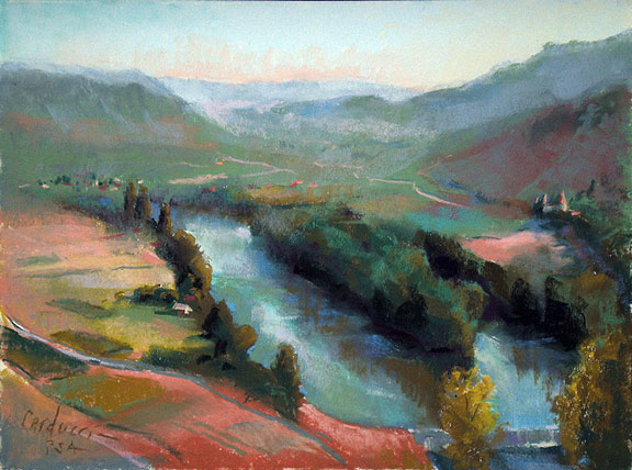 Artist Judith Carducci pastel landscape: View from Belaye: The Lot River, Le Quercy ©2009