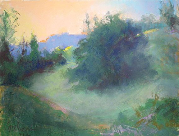 Artist Judith Carducci pastel landscape: Williams' Meadow at Dawn - Domaine du Haut Baran, Le Quercy ©2009