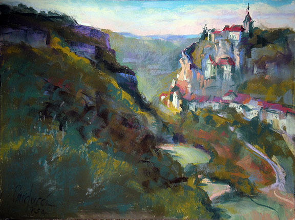Artist Judith Carducci pastel landscape: Rocamadour #3, Le Quercy, France ©2009
