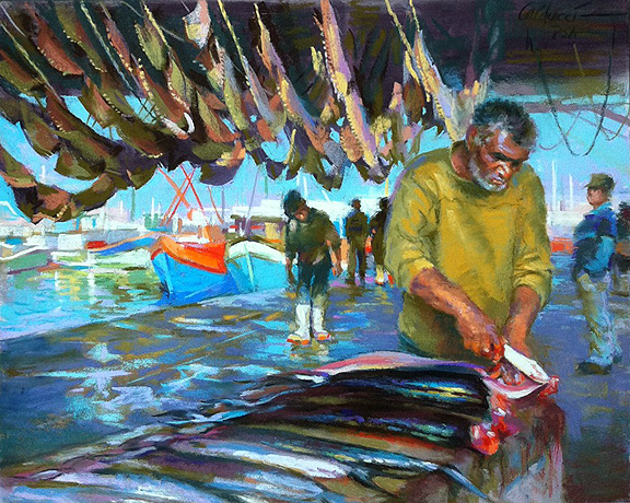Artist Judith Carducci pastel landscape with figures: Fresh catch - Cape Coloured on the wharf at Kalkbaai,
          South Africa ©2010