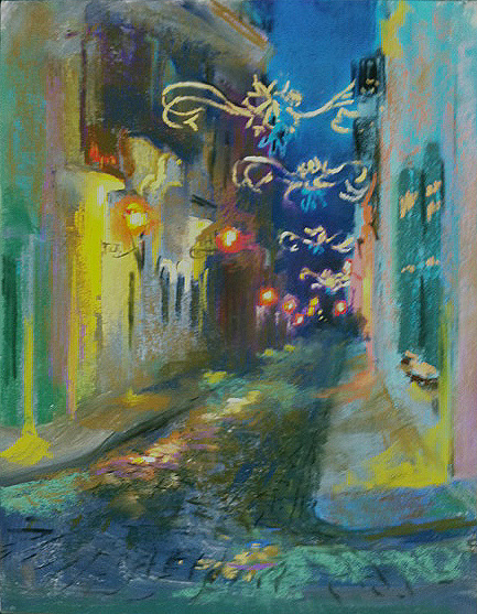 Artist Judith Carducci pastel cityscape: Christmas Lights on Calle San Sebastian, Old San Juan ©2010