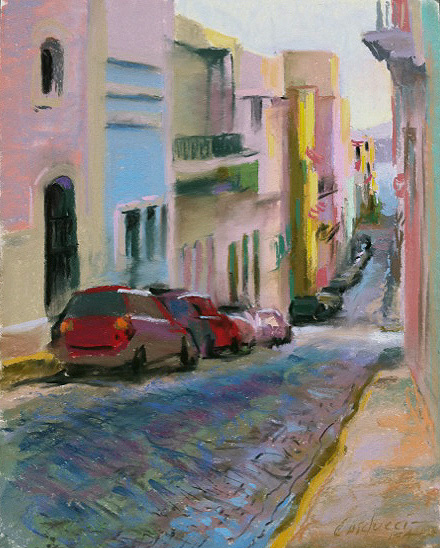 Artist Judith Carducci pastel landscape: Street in  Old San Juan, Early Evening ©2010
