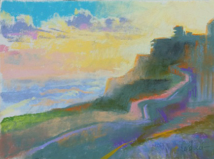 Artist Judith Carducci pastel landscape: Sunup Behind Fort San Cristobal, Old San Juan ©2010
