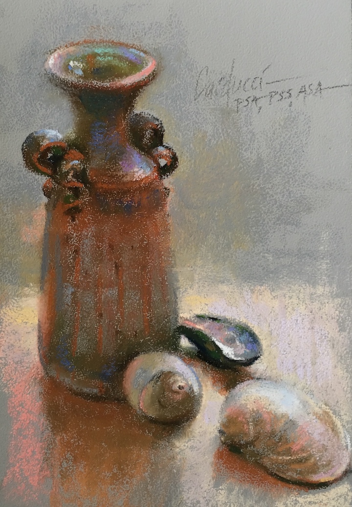 judith carducci susi jar with shells pastel still-life painting